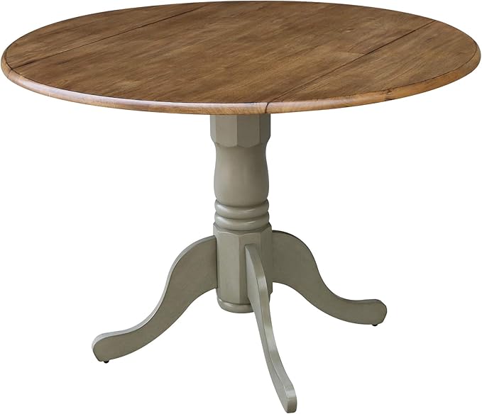 IC International Concepts, 42" Round Dual Drop Leaf Pedestal Dining Table, Solid Real Wood, Sturdy Parawood, Distressed Hickory/Stone