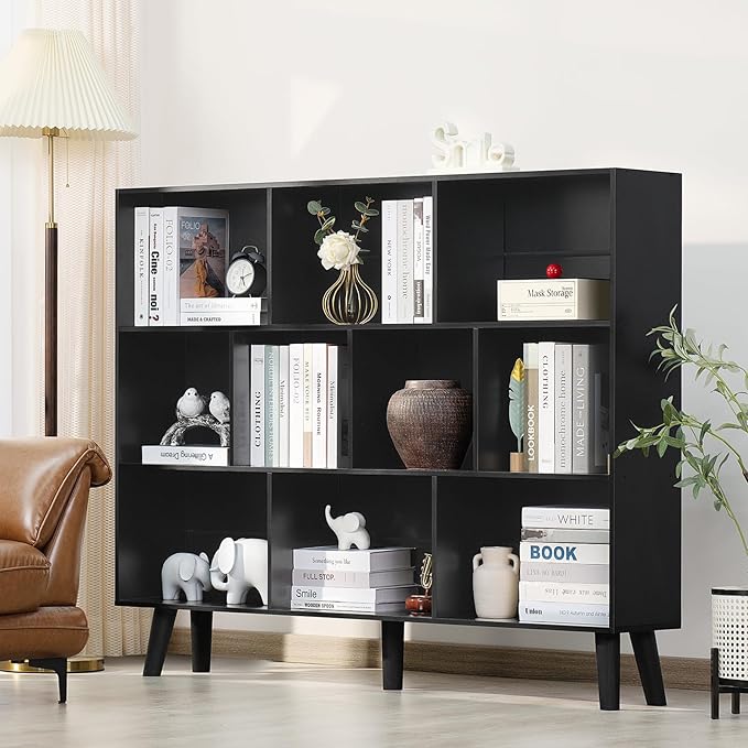 YAHARBO 10 Cube Large Bookshelf,3 Tier Bookcase with Legs,Black Mid-Century Modern Bookshelves,Wide Free Standing Open Storage Organizer Shelf,Tall Wooden Book Case Furniture for Living Room,Office
