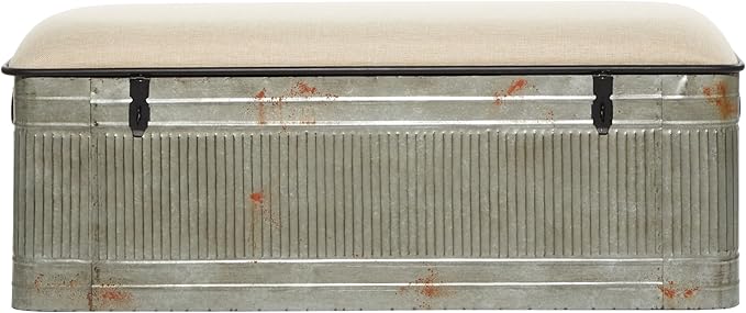 Deco 79 Metal Room Storage Bench Galvanized Entryway Bench with Cream Burlap Top, Bench 50" x 16" x 18", Gray