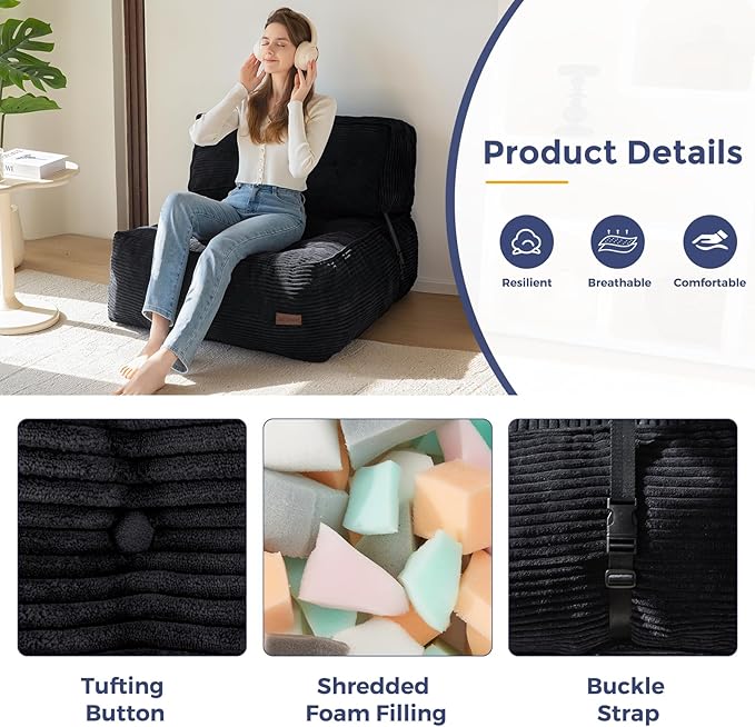 MAXYOYO Floor Sofa Bean Bag Sofa Couch, Comfy Floor Couch with Back Support, Portable Bean Bag with Filling, Corded Chair Seating for Living Room Bedroom Apartment, Black