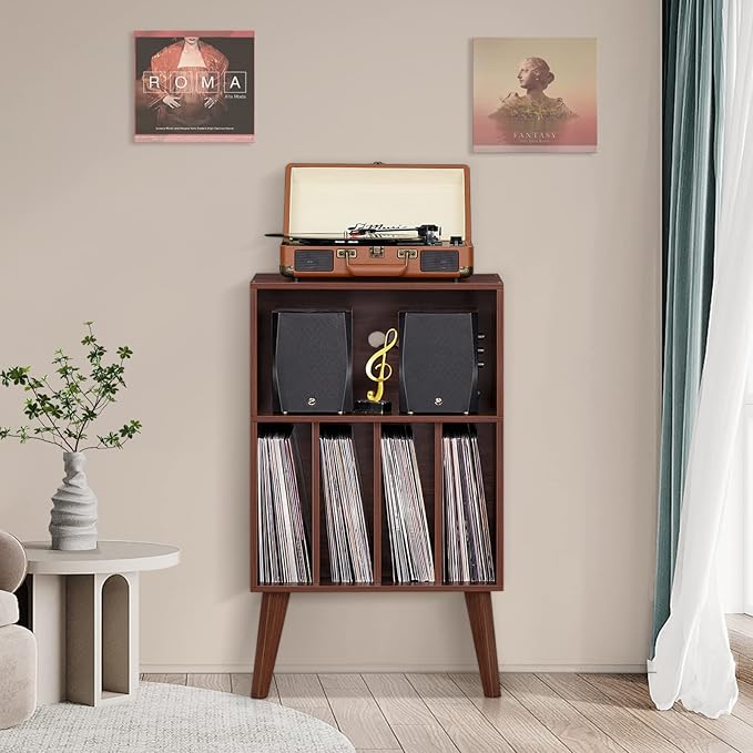 Lerliuo Record Player Stand, Walnut Turntable Stand Holds up to 160 Albums, Mid-Century Vinyl Storage Cabinet Table with Solid Wood Legs, Record Player Holder Dispaly Shelf for Bedroom Living Room
