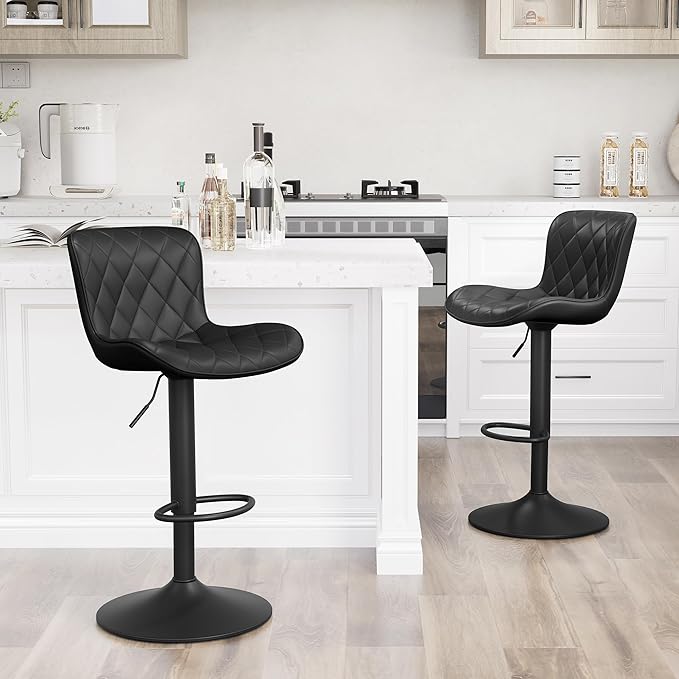 YOUNUOKE Bar Stools Set of 2 Faux Leather Barstools with Back Modern Swivel Counter Height Stool Adjustable High Bar Chairs for Kitchen Islands, Black
