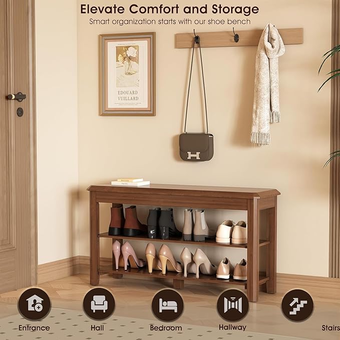 Shoe Rack for Front Door Entrance, Solid Wood Shoe Bench for Closet, Holds Up to 550lbs, Shoe Rack Bench for Entryway, Mudroom, Hallway