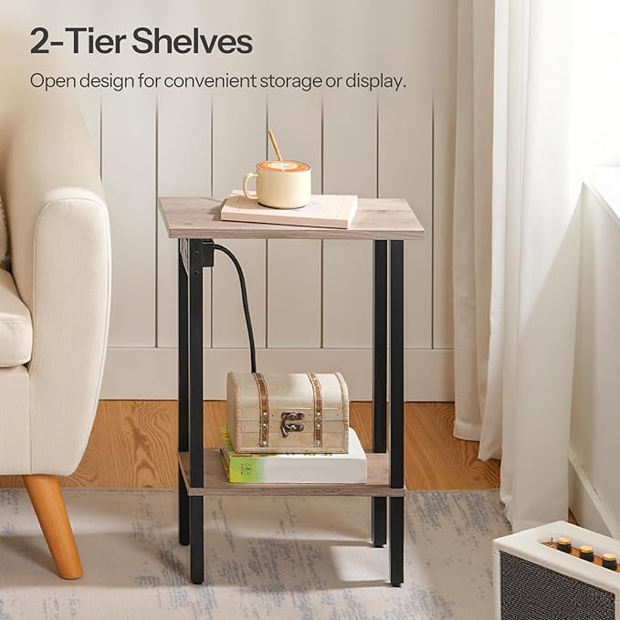 HOOBRO Small End Table with Charging Station, Narrow Side Table with USB Port and Outlets, Skinny Sofa Table, Slim Nightstand, Living Room, Bedroom, Greige and Black BG240UBZ01