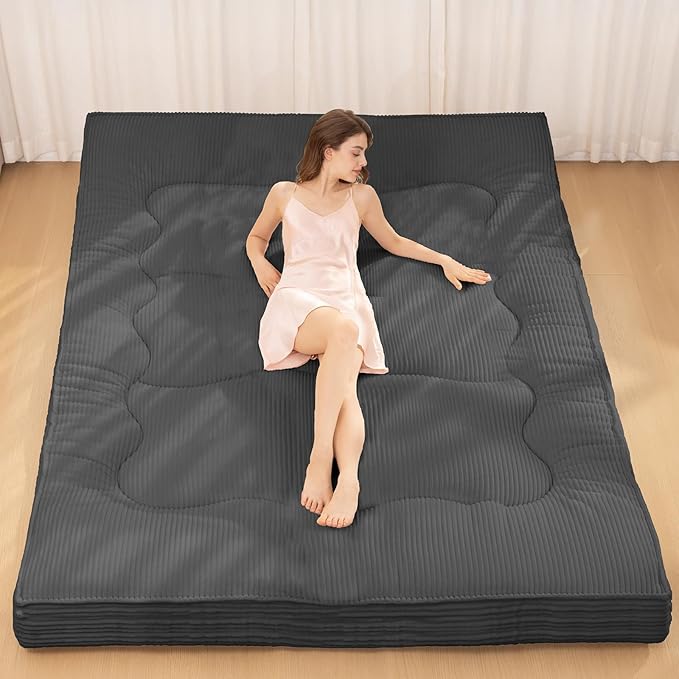 Japanese Floor Mattress, 4" Thicken Futon Mattress Queen Size Sleeping Pad, Corduroy Foldable Floor Pad, Roll Up Tatami Mat for Adults Guest Room Bedroom, Grey