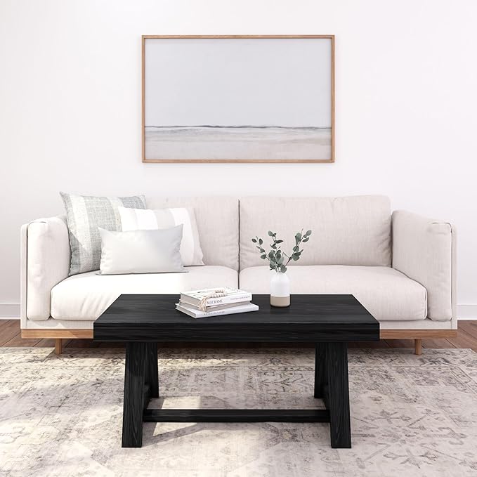 Plank+Beam Classic Rectangular Coffee Table, 40 Inch Farmhouse Coffee Table, Mini Center Tables for Small Spaces, Small Living Space Tea Table, Black Wirebrush
