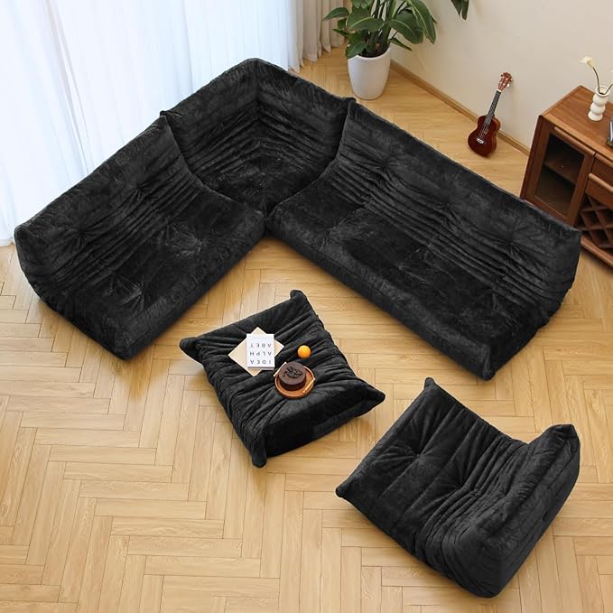 N&V Fireside Chair, Mid Century Armless Floor Sofa, Soft Premium Chenille Floor Lounge Chair, Foam Sofa Accent Chair for Living Room Bedroom and Office (Black, Corner Chair)