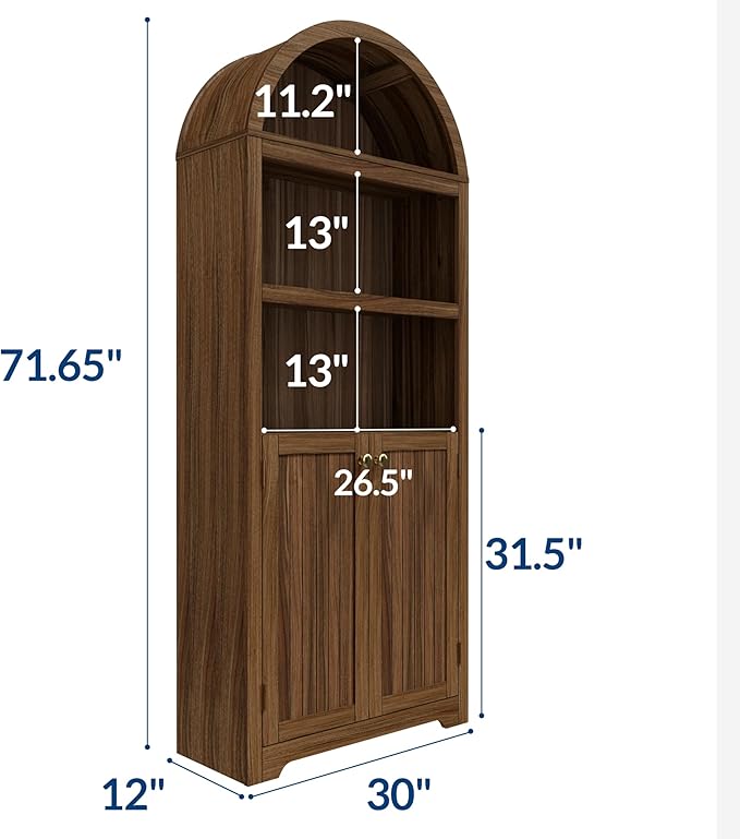 GAOMON 72'' Tall Arched Cabinet, 5 Tier Arched Bookshelf with Double Doors & Adjustable Shelf, Wooden Bookcase with Storage for Living Room, Bedroom, Study, Kitchen, Home Office, Walnut Color