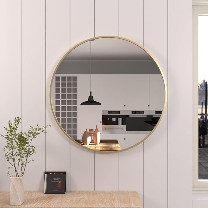 36 inch Gold Circle Wall Mirror, Brushed Gold Metal Framed Round Mirror for Bathroom Vanity, Bedroom Decor, Living Room, Entryway