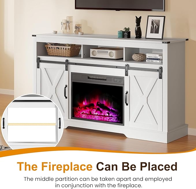 RoyalCraft Farmhouse TV Stand for 23" Fireplace, 34'' Tall Entertainment Center for 65+ Inch TV, 34" Tall Rustic TV Console with Sliding Bar Door for Living Room, White