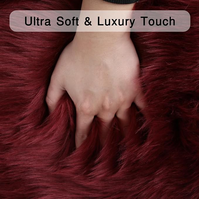 duduta Burgundy Faux Fur Rug 3x5 ft for Nursery Girls Bedroom, Fluffy Shag Rectangle Sheepskin Rug Machine Washable