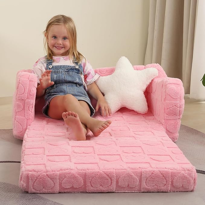 Extra Wider Seating Toddler Couch, 2-in-1 Toddler Soft Couch Fold Out with Star Pillow, Convertible Sofa to Lounger for Girls and Boys, Pink Heart