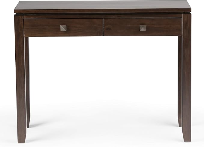 SIMPLIHOME Cosmopolitan Console Table - 38 Inch Wide Solid Wood Sofa Table in Mahogany Brown, Contemporary Compact Storage Table for Entryway or Living Room with 2 Drawers and Tapered Legs