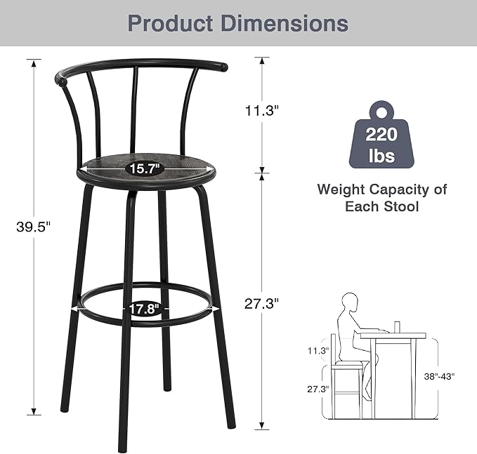 VECELO Bar Stools Set of 4, Swivel Counter Barstools with Backrest, Bar Height Chairs for Dining Room, Kitchen Island, Pub, Easy Assembly, Grey
