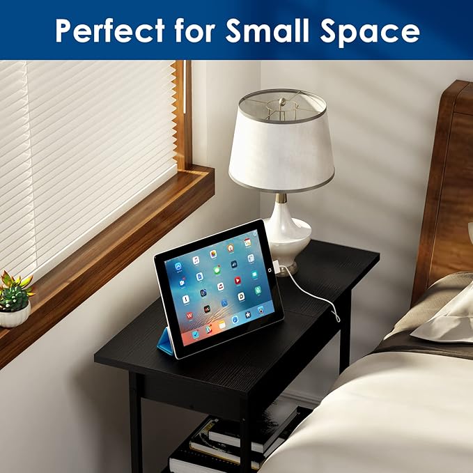 SAUCE ZHAN Sofa Side Table with 20W USB C Fast Charging Ports and Outlets, Bedside Nightstand with Charging Station, Narrow End Table with Storage Shelf for Small Spaces, Living Room, Bedroom Black