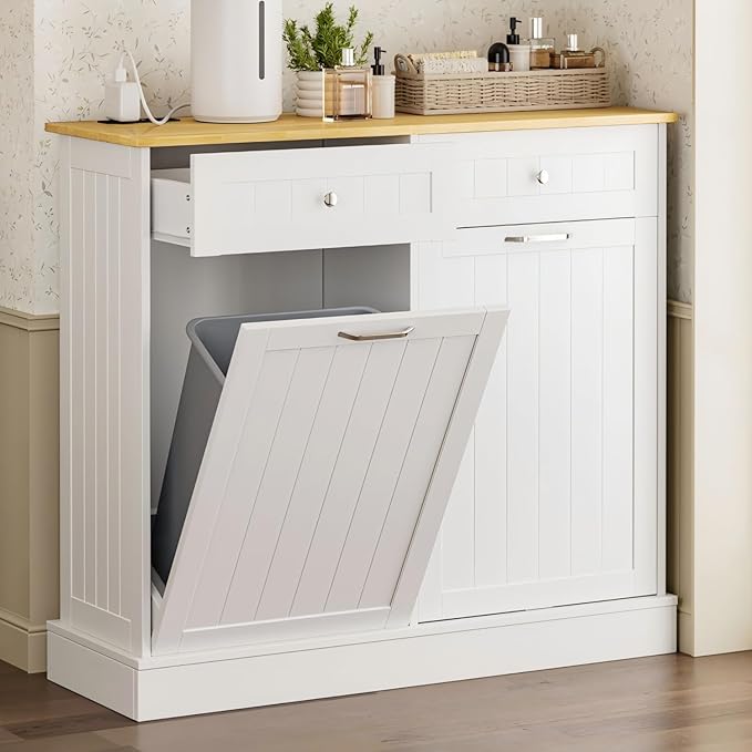 GAZHOME 20 Gallon Double Tilt Out Wooden Trash Cabinet with Charging Station, Upgrade Free Standing Recycling Cabinet with Outlet,White