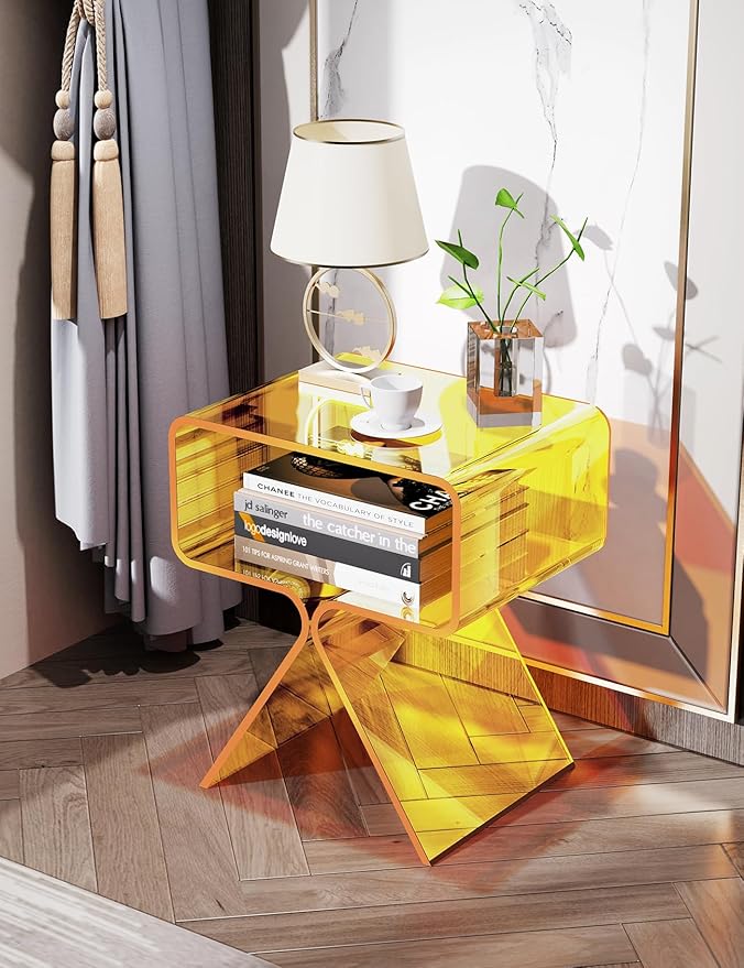 Acrylic Nightstand Side Table Modern Design Clear Home Decor Display End Table for Living Room (Yellow)