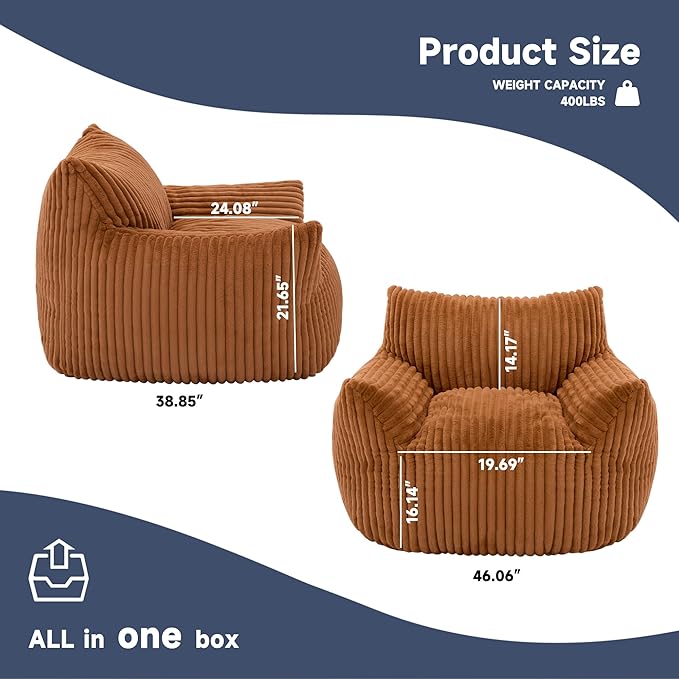 Oversized Bean Bag Chair for Adults, Giant Comfy Plush Boneless Bean Bag Couch with Filler for Kids - Reading Chair for Living Room, Bedroom & Dorm, Single Accent Chair Floor Lounger, Orange