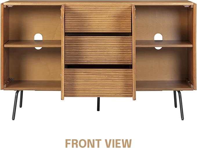 NTC MOSSIC Sideboard with 2 Doors and 3 Drawers, Buffet Cabinet with Natural Rattan and Metal Legs, Modern Storage Cabinet for Living Room, and Hallway, Effortless Assembly, Teak Look