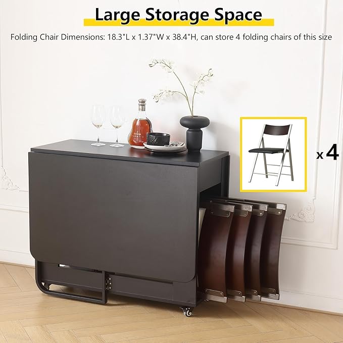 Folding table and chair set, dining table with extra large storage space and 4 universal wheels, matched with padded steel frame folding chairs, space-saving dining table and 2 chairs (Brown)