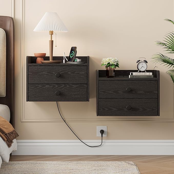 Floating Nightstand Set of 2 with 2 Storage Drawers and Charging Station Wood Wall Mounted Bedside End Table Modern Night Stands Set 2 for Bedroom,Small Space,Black