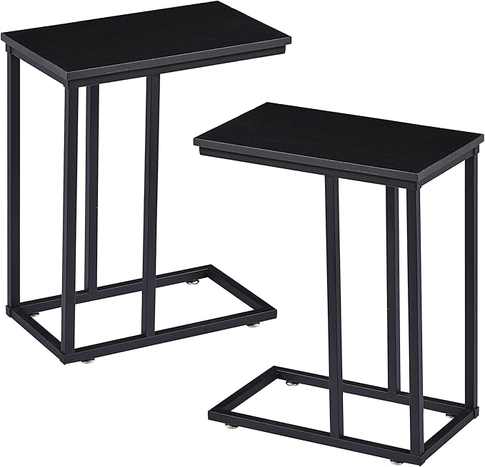 VECELO C Shaped End Side Table for Sofa Couch and Bed Snack TV Tray for Living Room Bedroom, 2 Set, Black