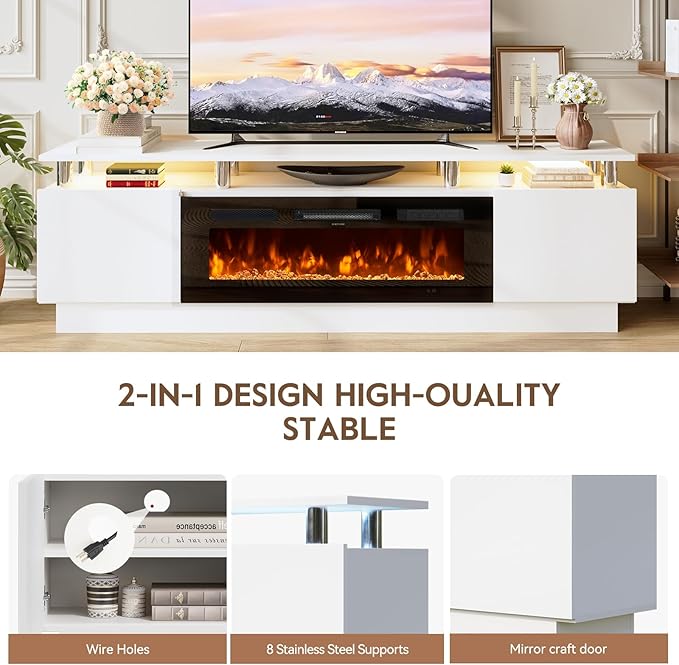 70" TV Stand & Entertainment Center, Media Console with Storage Shelves, Fits TVs up to 80", Modern Living Room Furniture, 36" Electric Fireplace (White+Black)