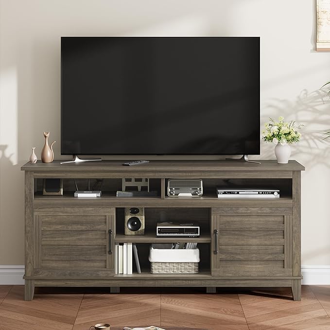GarveeHome TV Stand for 63 in, Entertainment Center with Adjustable Shelves, Farmhouse TV Stand with Cabinet Doors,for Living Room, Bedroom (Grey, 63)