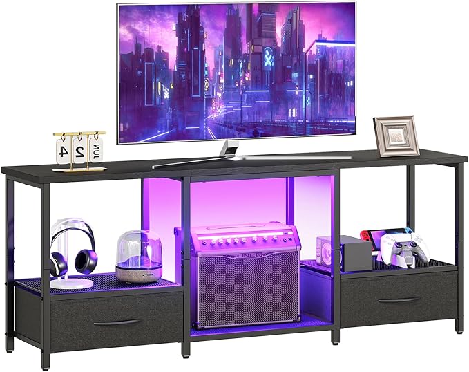 HOOBRO LED TV Stand with Storage, LED Entertainment Center with Open Shelves and Drawer, Fits TVs up to 55", Television Stand for Living Room, Bedroom, Black BB123DDS01