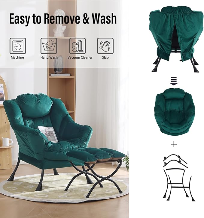 Oversized Chair with Ottoman, Modern Chair with Folding Footrest, Lounge Accent Chair, Comfortable Reading Chair for Bedroom, Study, Living Room, Courtyard (Velvet Dark Green