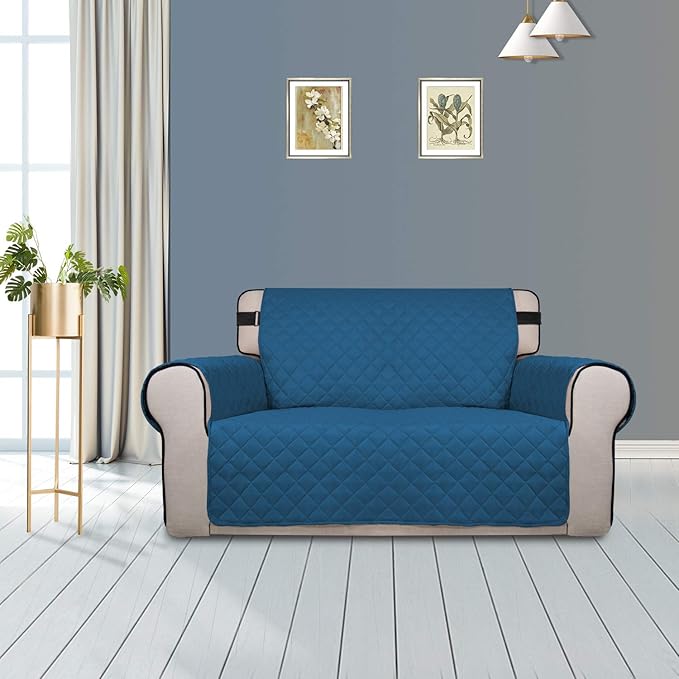 PureFit Reversible Sofa Cover Water Resistant Loveseat Couch Cover, Machine Washable Furniture Cover with Non-Slip Foam and Adjustable Strap for Dogs, Pets (Loveseat, Peacock Blue/Ivory)