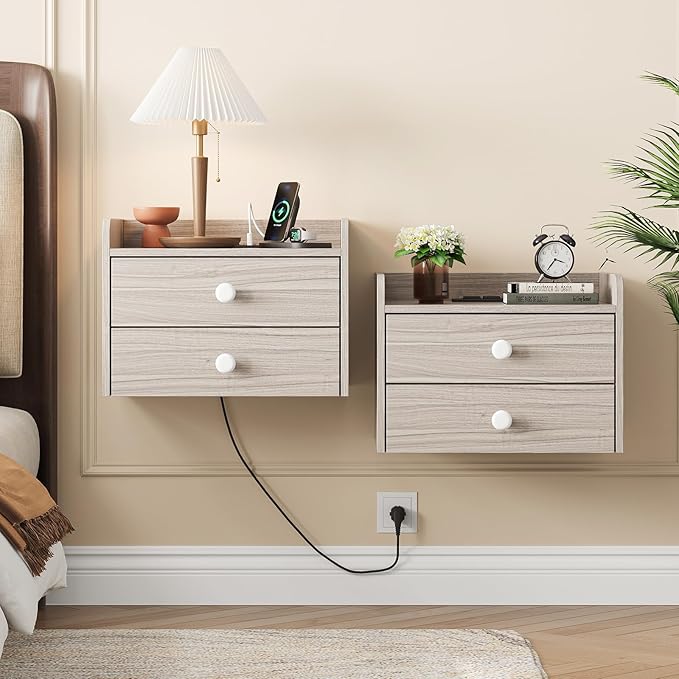 Floating Nightstand Set of 2 with 2 Storage Drawers and Charging Station Wood Wall Mounted Bedside End Table Modern Night Stands Set 2 for Bedroom,Small Space,Grey