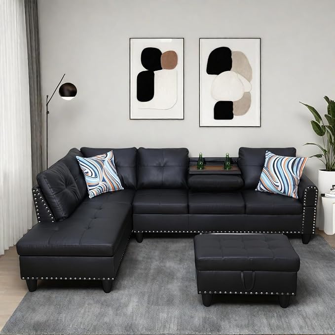 Modern Living Room Furniture Sets with Cup Holder, Modular Sectional Couches with Chaise Lounge, 4-Seaters L Shape Sofa with Storage Ottoman, for Living Room, Faux Leather, Black