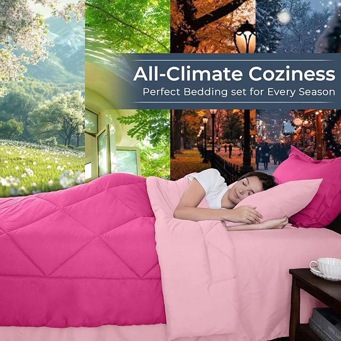 HEVUMYI Hot Pink & Baby Pink Full Comforter Set - 7-Piece All Season Bed in a Bag Full, Ultra Soft Bedding Set with Comforter, Flat Sheet, Fitted Sheet, Pillowcases, Pillow Shams