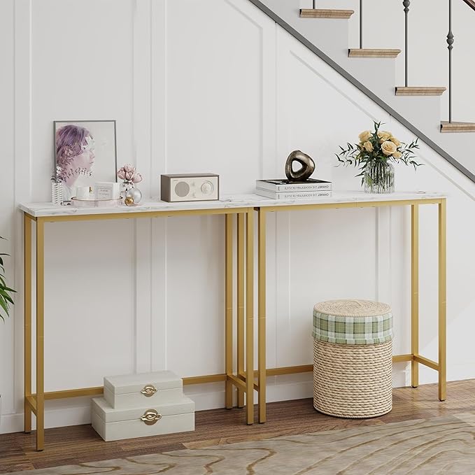 HollyHOME Narrow Hallway Table, 29.5" Small Console Stand, Slim Entryway Table, Sofa Desk, for Hallway, Bedroom, Living Room, Foyer, Marble Texture