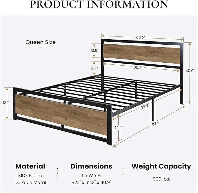 SHA CERLIN Queen Size Bed Frame with Modern Headboard, Heavy Duty Platform Metal Base with Square Footboard and 13 Strong Slats Support, No Box Spring Needed, Brown