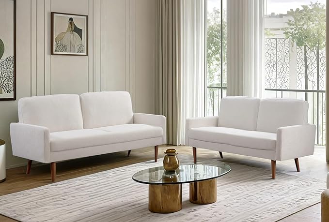 Kent 2 Piece Velvet Sofa and Loveseat Set, European Style with Modern & Vintage Flair, Upholstered 5 Seater Couch, Chic Living Room Furniture Seating for Home, Apartment or Office, Ivory