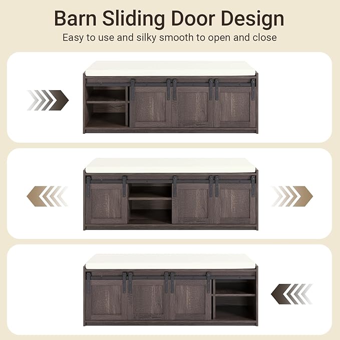 Haotian Industrial Style Shoe Storage Bench, Entryway Hallway Shoe Cabinet, Sliding Barn Doors, Drawer & Padded Seat Cushion, Rustic Window Bench for Mudroom (Brown)