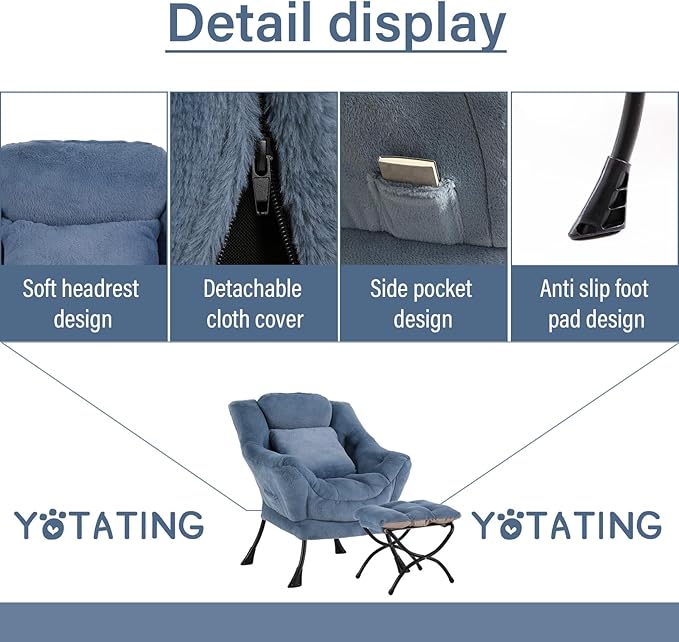 Lazy Chair with Ottoman, Comfy Reading Lounge Chair with Footstool & Throw Pillow Modern with Armrests & Side Pocket for Living Room, Bedroom, Dorm Room, Plush Light Blue