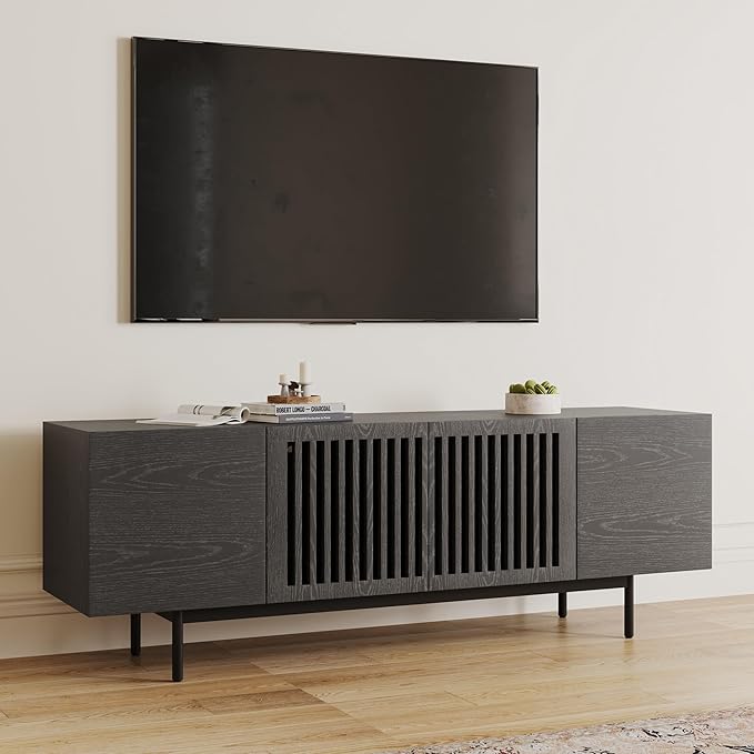 POVISON Full Assembled Mid-Century Modern TV Stand with Slatted Doors, Wood Media Console for 65 Inch TV, TV Console with Tall-cast Metal Legs, Entertainment Center with Storage for Living Room