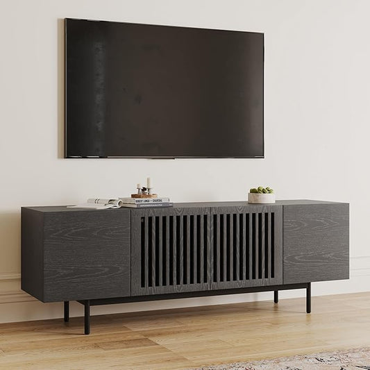 POVISON Full Assembled Mid-Century Modern TV Stand with Slatted Doors, Wood Media Console for 65 Inch TV, TV Console with Tall-cast Metal Legs, Entertainment Center with Storage for Living Room