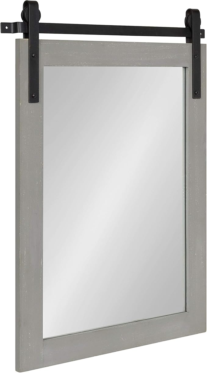 Kate and Laurel Cates Farmhouse Wood Framed Wall Mirror, 18 x 26, Gray, Barn Door-Inspired Rustic Mirrors for Wall