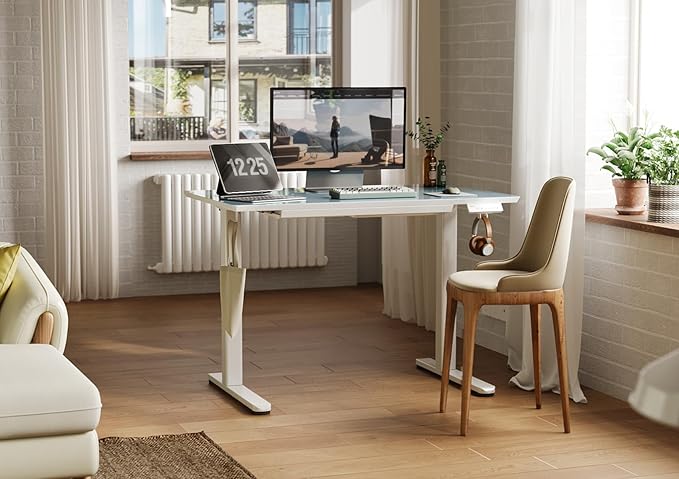 INNOVAR Glass Standing Desk with Drawers, Adjustable Height Electric Stand Up Desk, Small Standing Desks with Storage, 40 inch, Morandi Blue