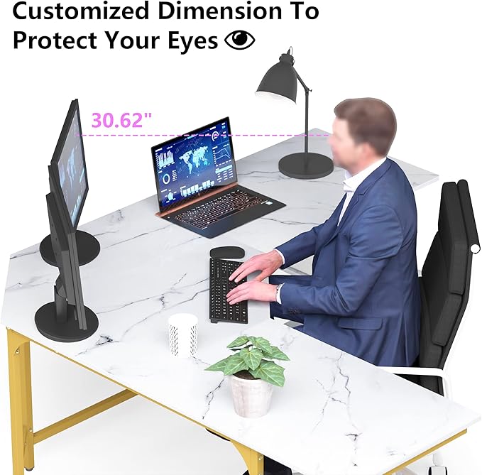 Teraves Modern L Shaped Desk with Shelves,64.84" Computer Desk/Gaming Desk for Home Office,Corner Desk with Large Desktop (White Marbling+ Gold Frame, Large+4 Tier Shelves)