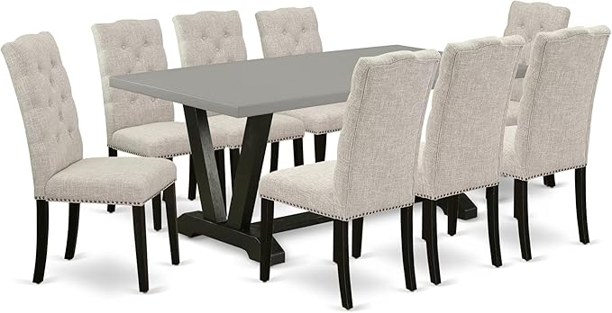 East West Furniture V697EL635-9 9 Piece Dining Set Includes a Rectangle Dining Room Table with V-Legs and 8 Doeskin Linen Fabric Upholstered Parson Chairs, 40x72 Inch, Multi-Color
