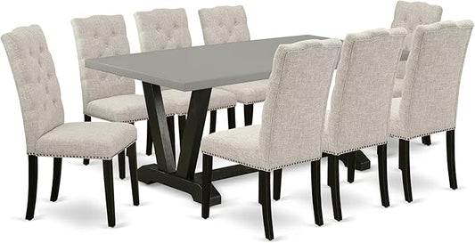 East West Furniture V697EL635-9 9 Piece Dining Set Includes a Rectangle Dining Room Table with V-Legs and 8 Doeskin Linen Fabric Upholstered Parson Chairs, 40x72 Inch, Multi-Color