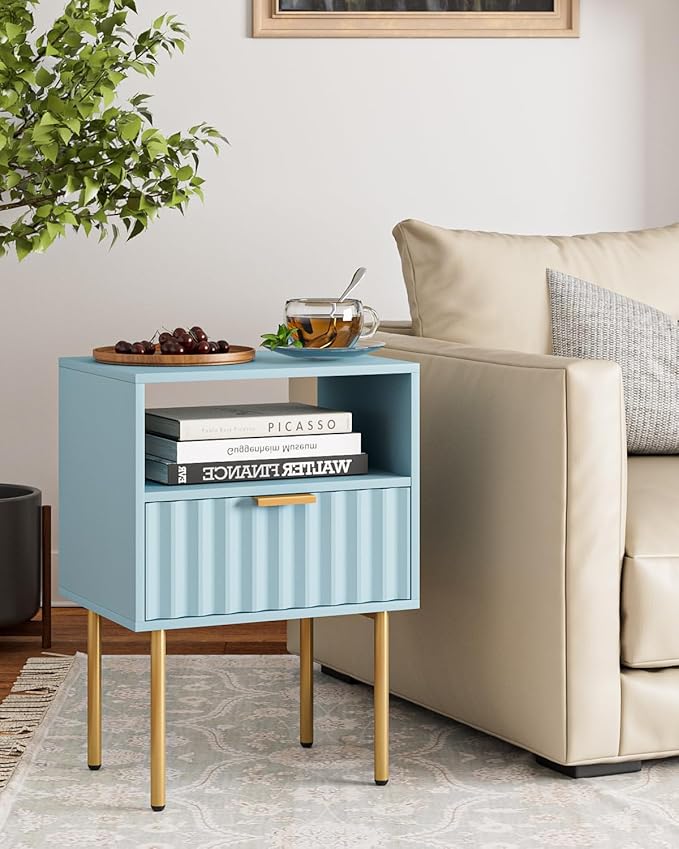 Nightstand,Modern Bedside Table with Gold Frame,Blue Night Stand,Bedside Furniture, Modern Side Table with Drawer and Shelf for Bedroom,Living Room (Blue)
