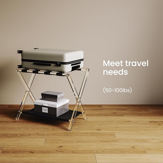 Sumerflos Acrylic Luggage Rack for Guest Room - Foldable Suitcase Stand with Leather Straps for Bedroom Living Room Hotel Heavy-Duty, Holds up to 50-100 lb lightweight Space Saving (Black & Shelf - 1 Pcs)