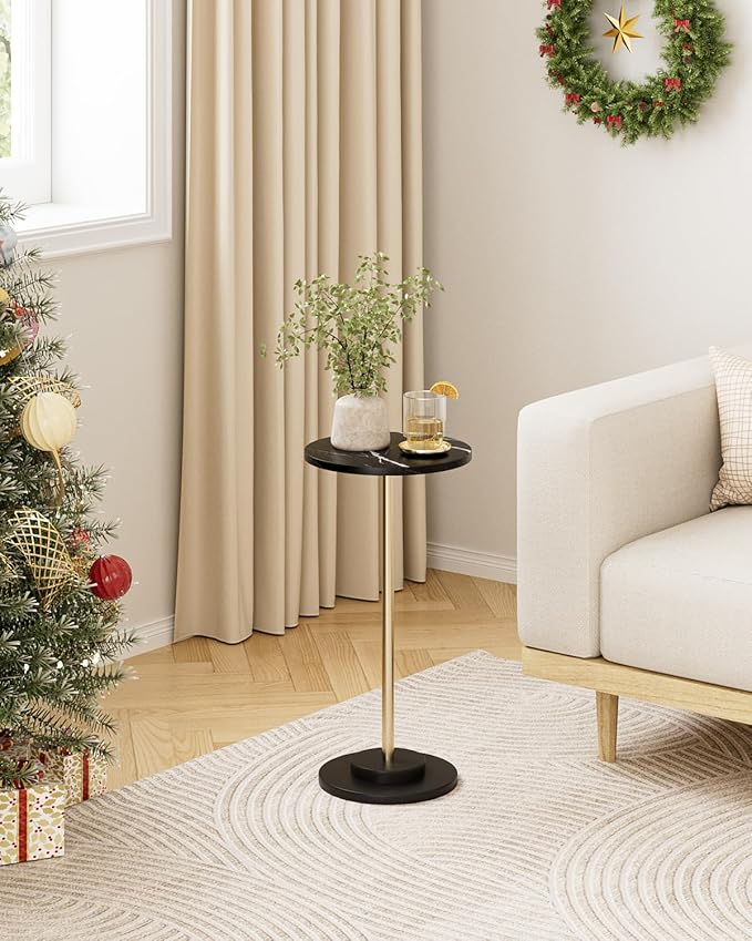 Round Side Table, Small Drink Table for Small Spaces, Modern Accent End Table Coffee Table with Metal Leg for Living Room, Bedroom, Corners, and Office (Black Marble)