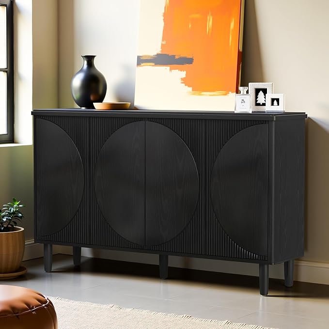 59.4" Sideboard Buffet Cabinet with Storage, Kitchen Buffet Storage Cabinet with Doors & Shelves, Modern Sideboard for Living Room, Kitchen, Hallway, Black